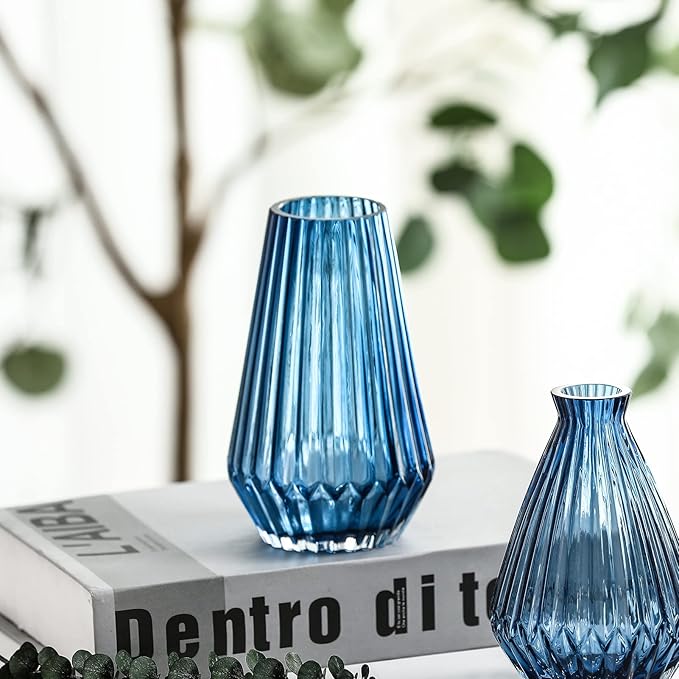 G Fusuma Blue-Rhombus Glass Flower Vase for Table Centerpiece, High-Grade Decorative Flower Vase for Bouquets,Mantel and Shelf Display, Dining Table Centerpiece, Living Room Office Decoration, 6" Tall