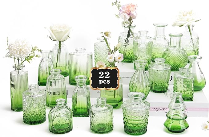 RUCKACE Bud Vases in Bulk 22 Green Glass Small Vases Flower Vase Bulk for Centerpiece Table Wedding Decorations Home Decor Party(Gradient Green 22 Pack)