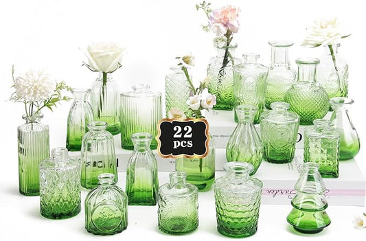 RUCKACE Bud Vases in Bulk 22 Green Glass Small Vases Flower Vase Bulk for Centerpiece Table Wedding Decorations Home Decor Party(Gradient Green 22 Pack)