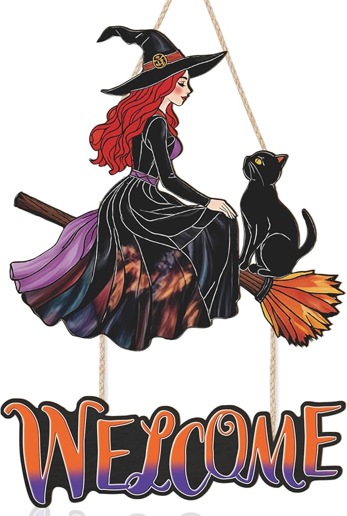 Witch Halloween Decoration,Witch And Black Cat Door Hanging,Witches On Broom Door Hanger,Halloween Welcome Wall Sign,Witches Broom Wooden Sign,Black Cat Wall Plaque for Porch Yard Home Bedroom