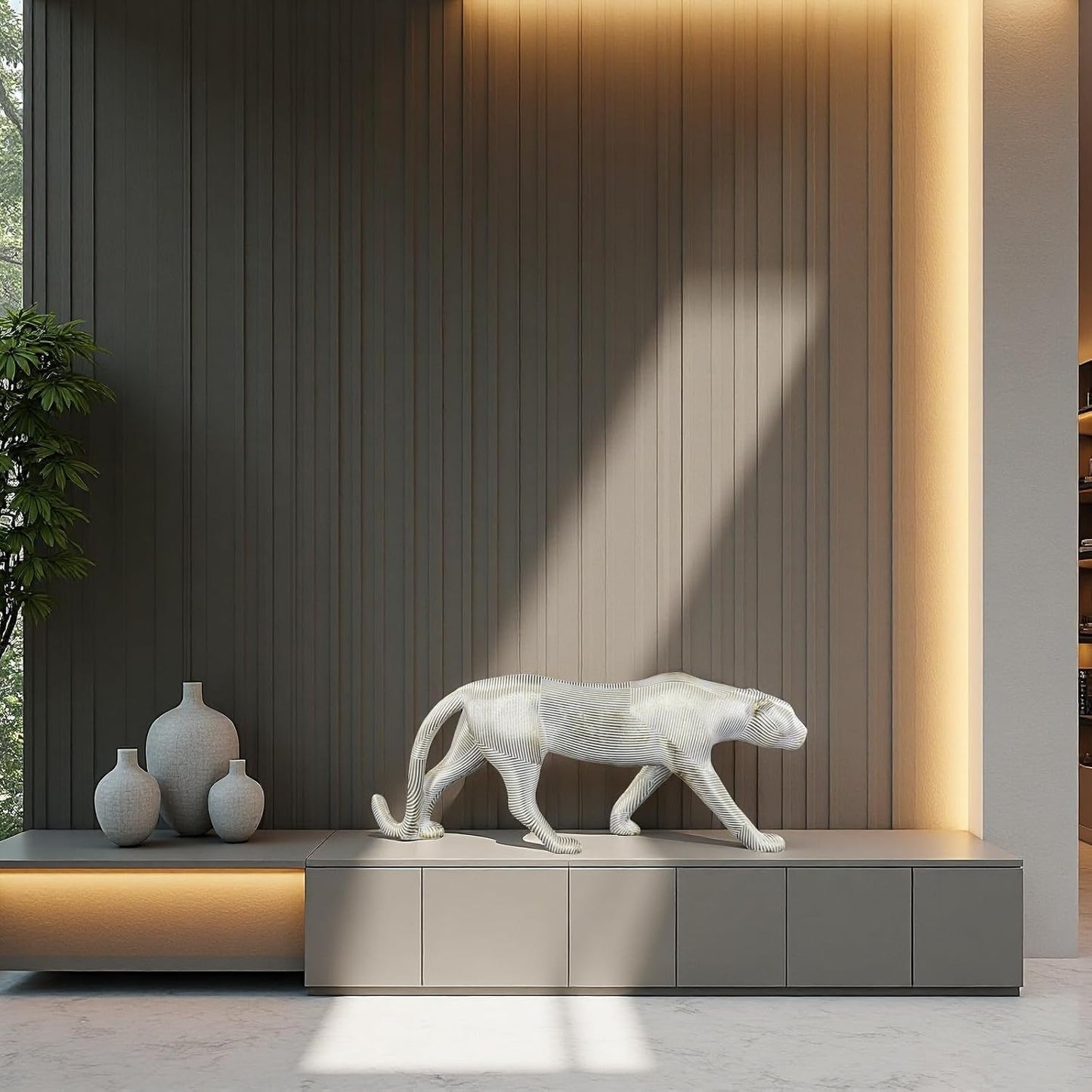 Gold Striped Leopard Statue – Modern Resin Panther Sculpture Figurine – Luxury Animal Decor for Living Room, Office, Shelf & Tabletop – Walking Cheetah Ornament