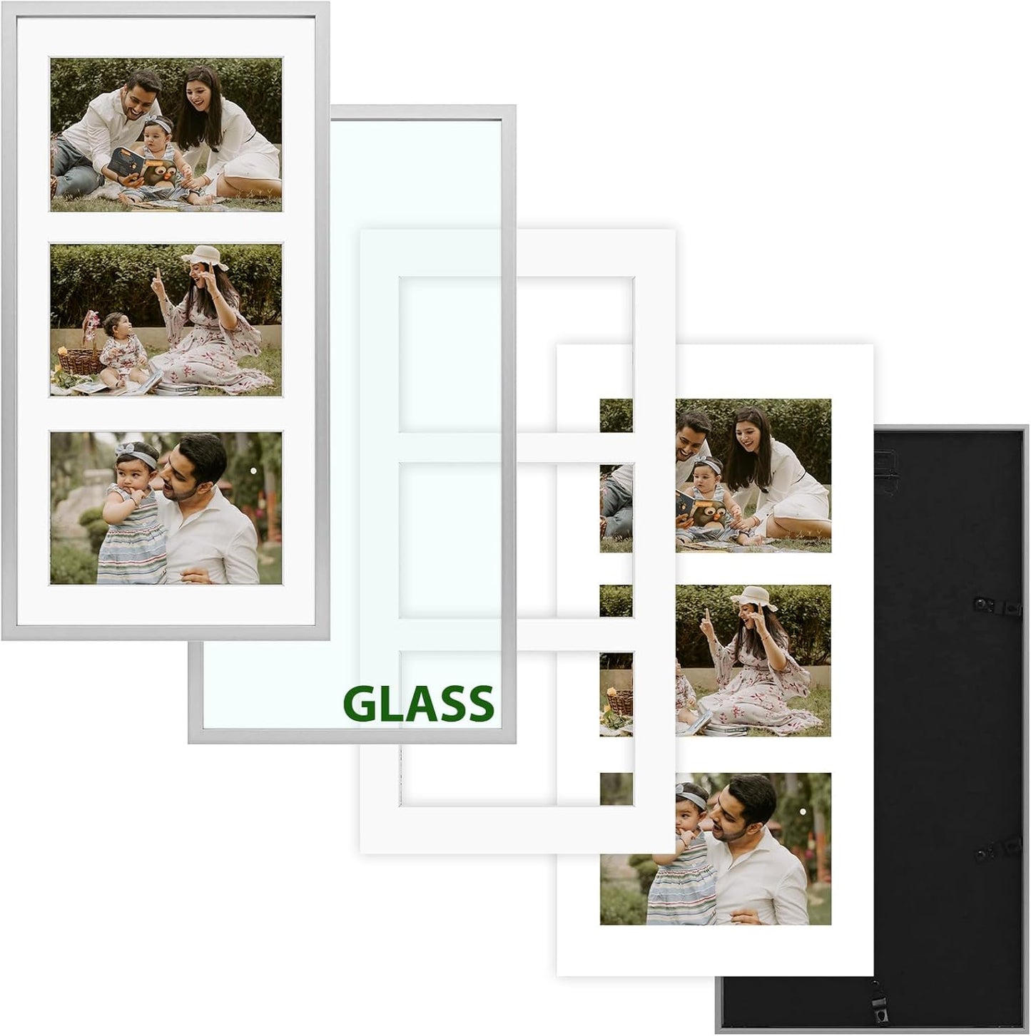 Frametory - 7x14 Aluminum Collage Picture Frame - Display 4x6 Pictures with 3 Openings Mat - Real Glass Front - Horizontal/Vertical Wall Mount - Silver 1 Pack