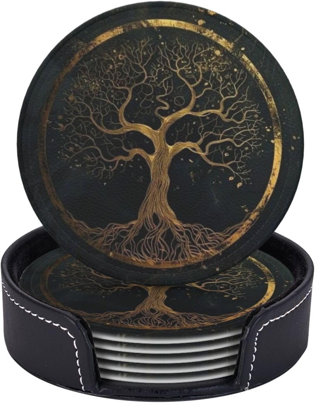 Drink Coasters with Holder Stand Set of 6, Marble Gold Tree of Life Pu Leather Absorbent Coasters with Cork Base Table Round Coaster for Housewarming Apartment Kitchen Bar Decor