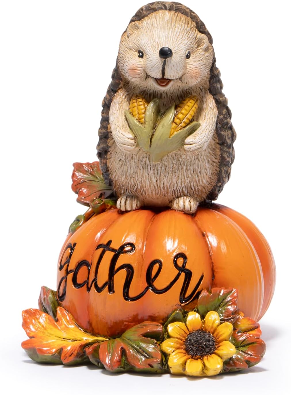 Hodao Harvest Hedgehog Pumpkin Figurine – Autumn Fall Decoration with Pine Cone, “Gather” Engraved Pumpkin – Thanksgiving Home Table Centerpiece Decor, Family Gathering Blessing Ornament (Orange-1)