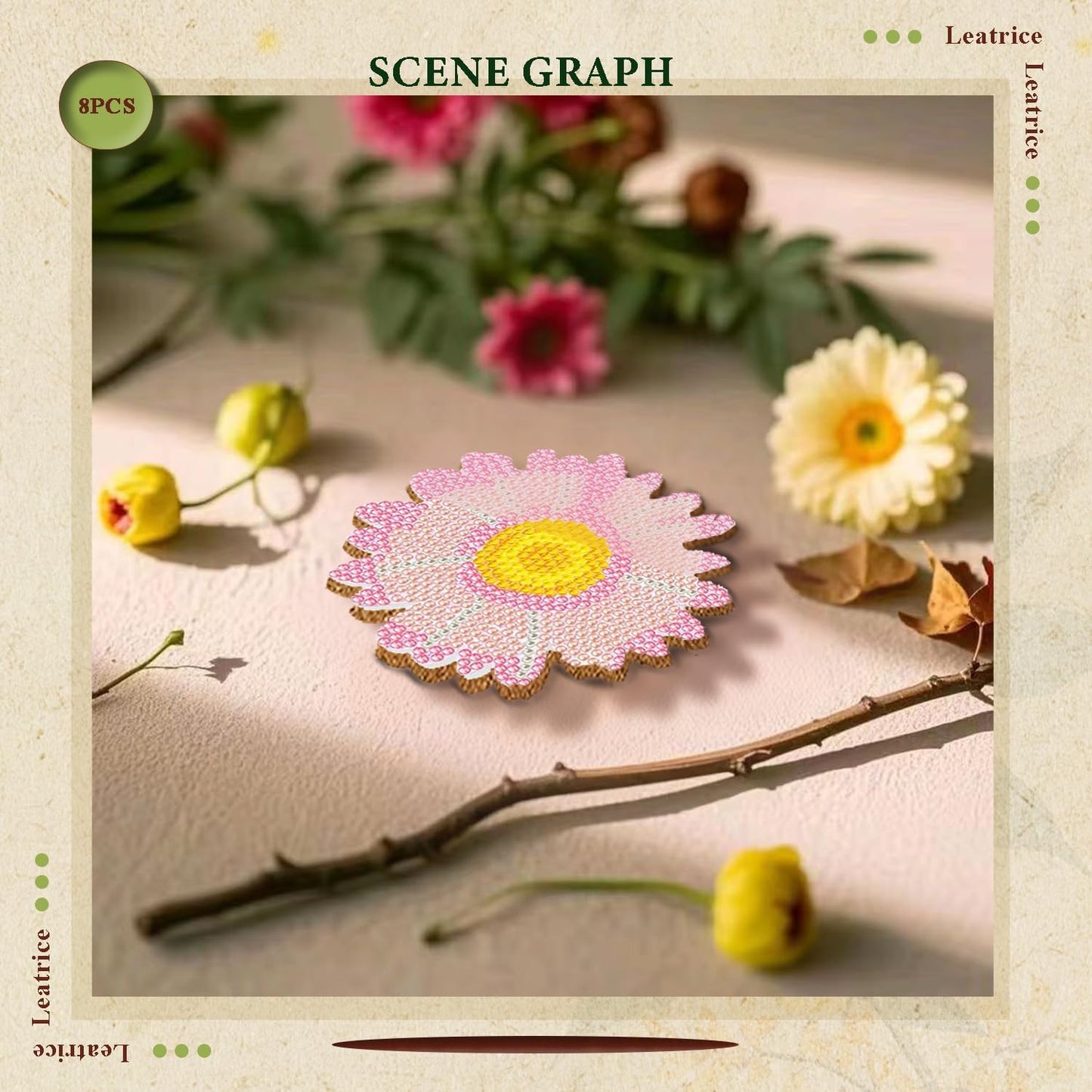 Leatrice 8PCS Flower Diamond Art Coasters Small Diamond Painting Kits for Adults Beginners Women Gem Art Coasters with Holder Funny DIY Crafts for Home Decor