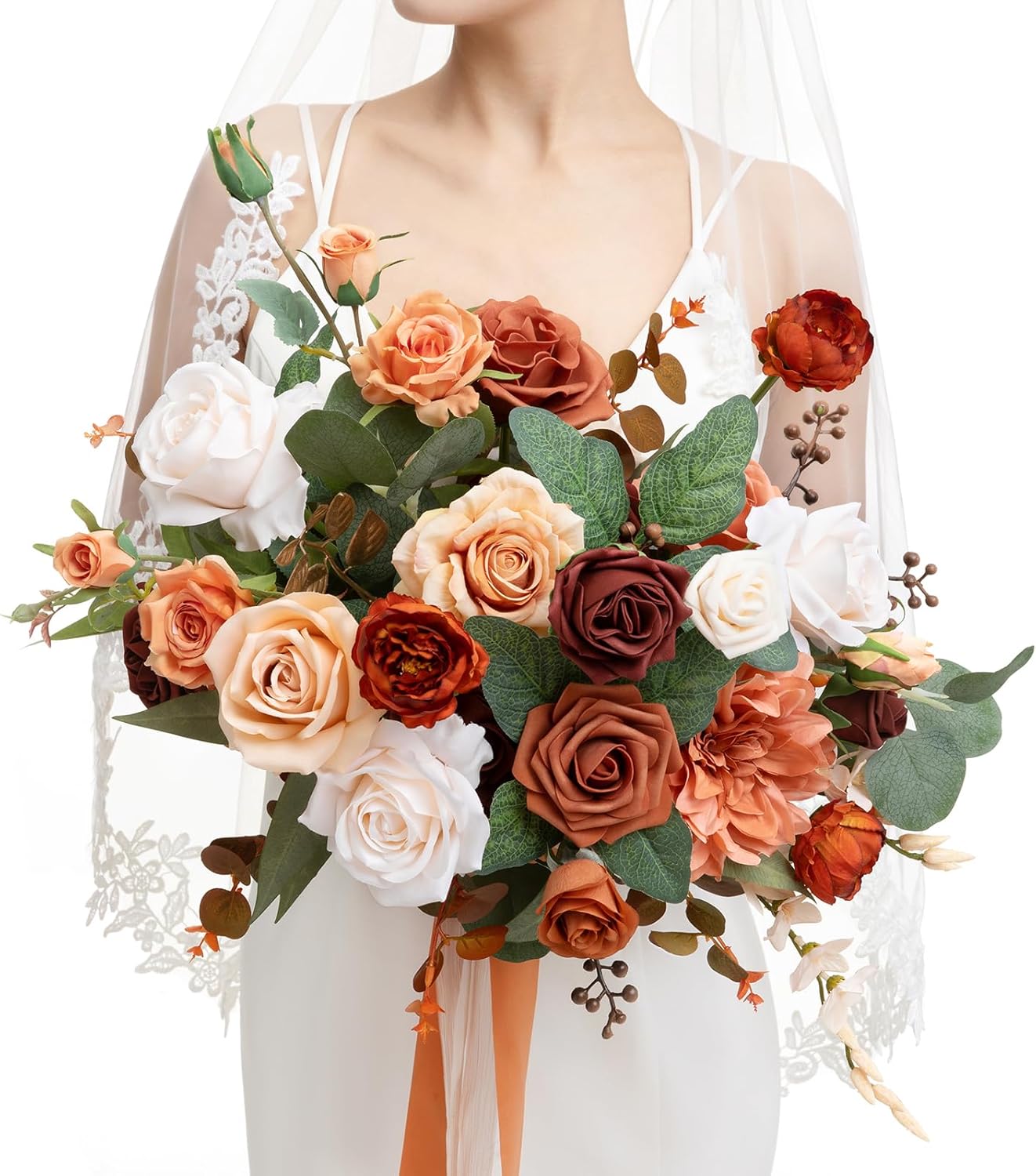 Ling's moment Terracotta Wedding Bouquets for Bride, Burnt Orange Bridal Bouquets for Bride, 15 Inch Free Form Artificial Wedding Flower Bouquet