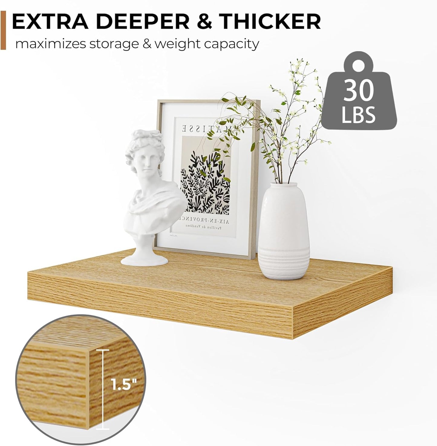 Fun Memories Floating Shelves - 2 Pack 12 Inch Rustic Wooden Wall Shelves - Extra Deeper & Thicker Wall Mounted Storage Shelf for Living Room, Kitchen, Farmhouse - 16" W x 12" D x 1.5" H - Oak