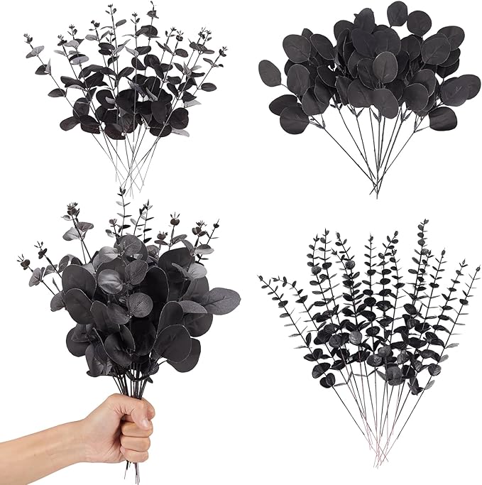 120 Pcs 3 Kinds Mixed Artificial Eucalyptus Stems Faux Eucalyptus Leaves Branches Black Flower for Halloween DIY Bouquets Floral Arrangement Wedding Home Decor