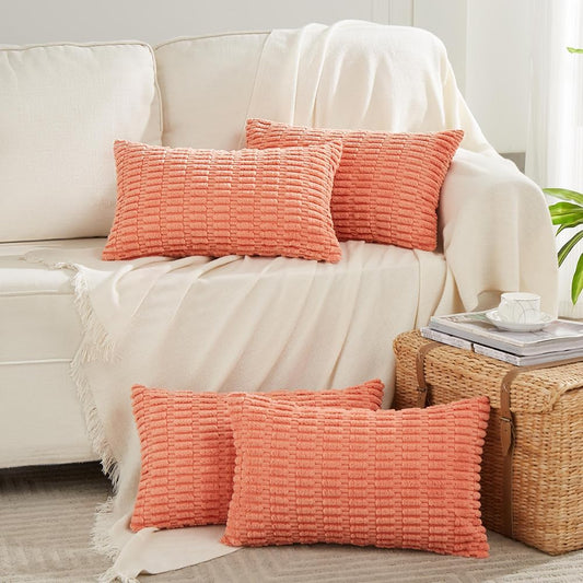Fancy Homi 4 Packs Boho Coral Decorative Throw Pillow Covers 12x20 Inch for Living Room Couch Bed Sofa, Rustic Modern Farmhouse Home Decor, Soft Plush Corduroy Peach Cute Square Cushion Case 30x50 cm