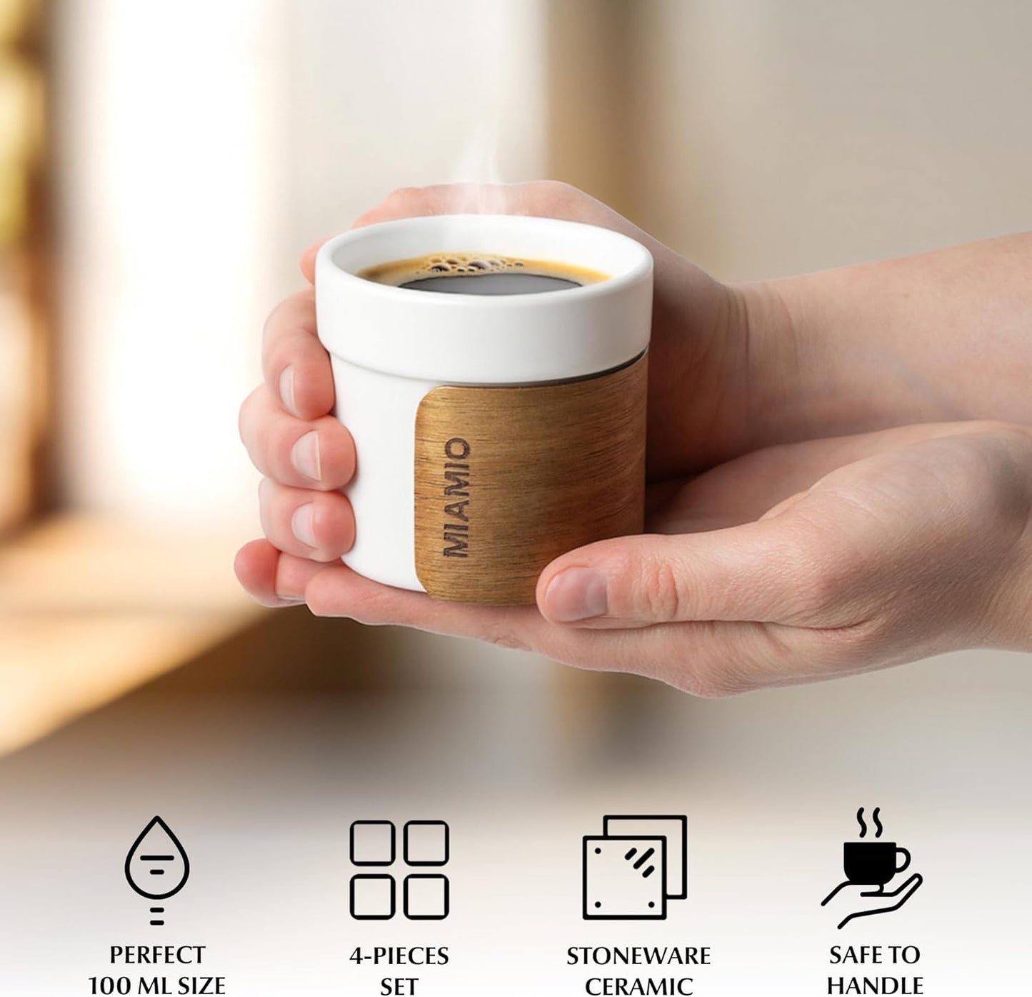 MIAMIO – Espresso Cups Set of 4 (3.5 oz) Japanese Tea Cups Ceramic/Handleless Mug with removable Wooden Cuff/Coffee Cups without Handle (White)