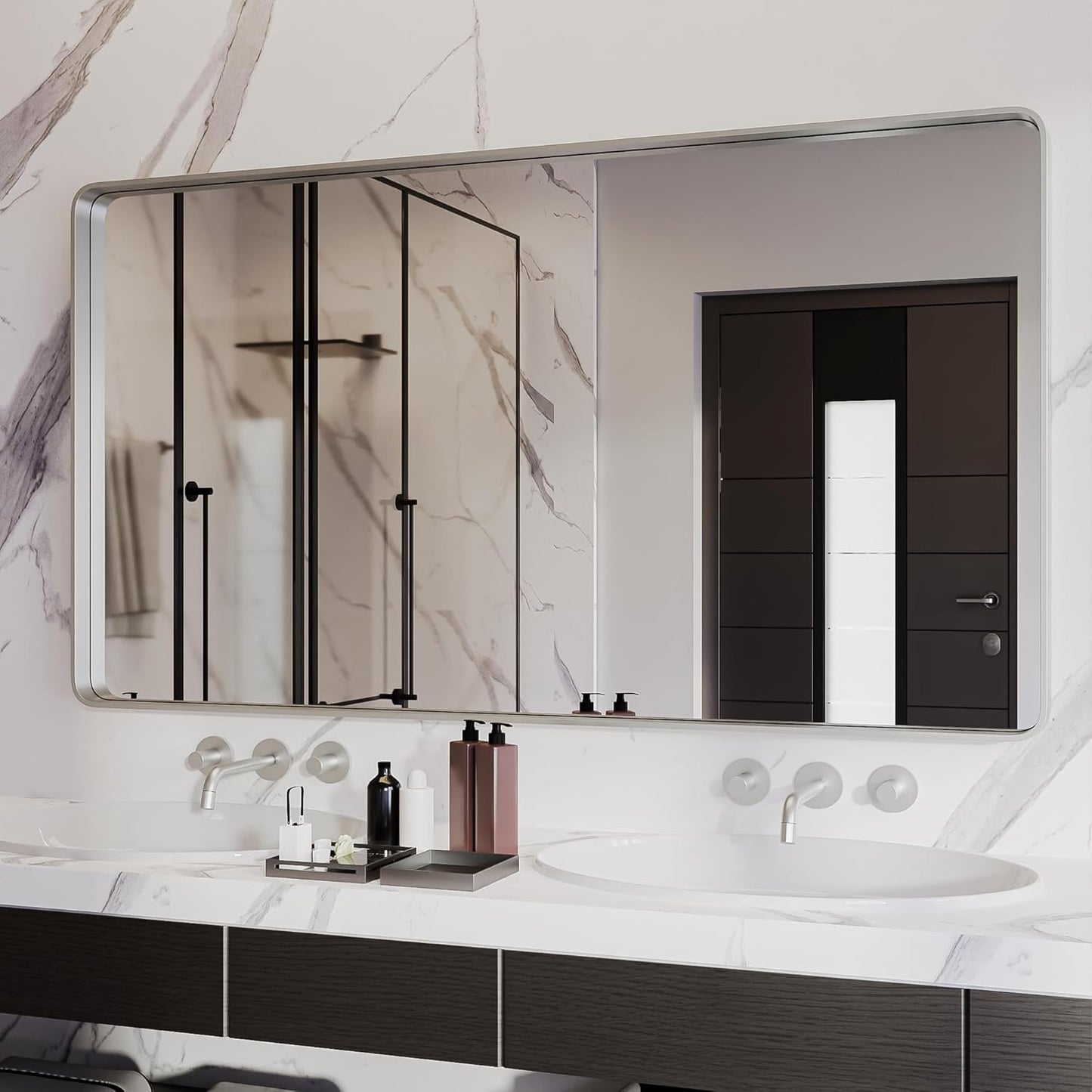 ISKM Brushed Silver Bathroom Mirror, 55 x 30 Inch Rounded Rectangle Silver Metal Frame Mirror for Wall Modern Vanity Mirror (Horizontal/Vertical)