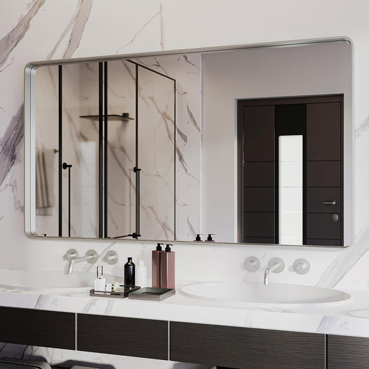 ISKM Brushed Silver Bathroom Mirror, 55 x 30 Inch Rounded Rectangle Silver Metal Frame Mirror for Wall Modern Vanity Mirror (Horizontal/Vertical)