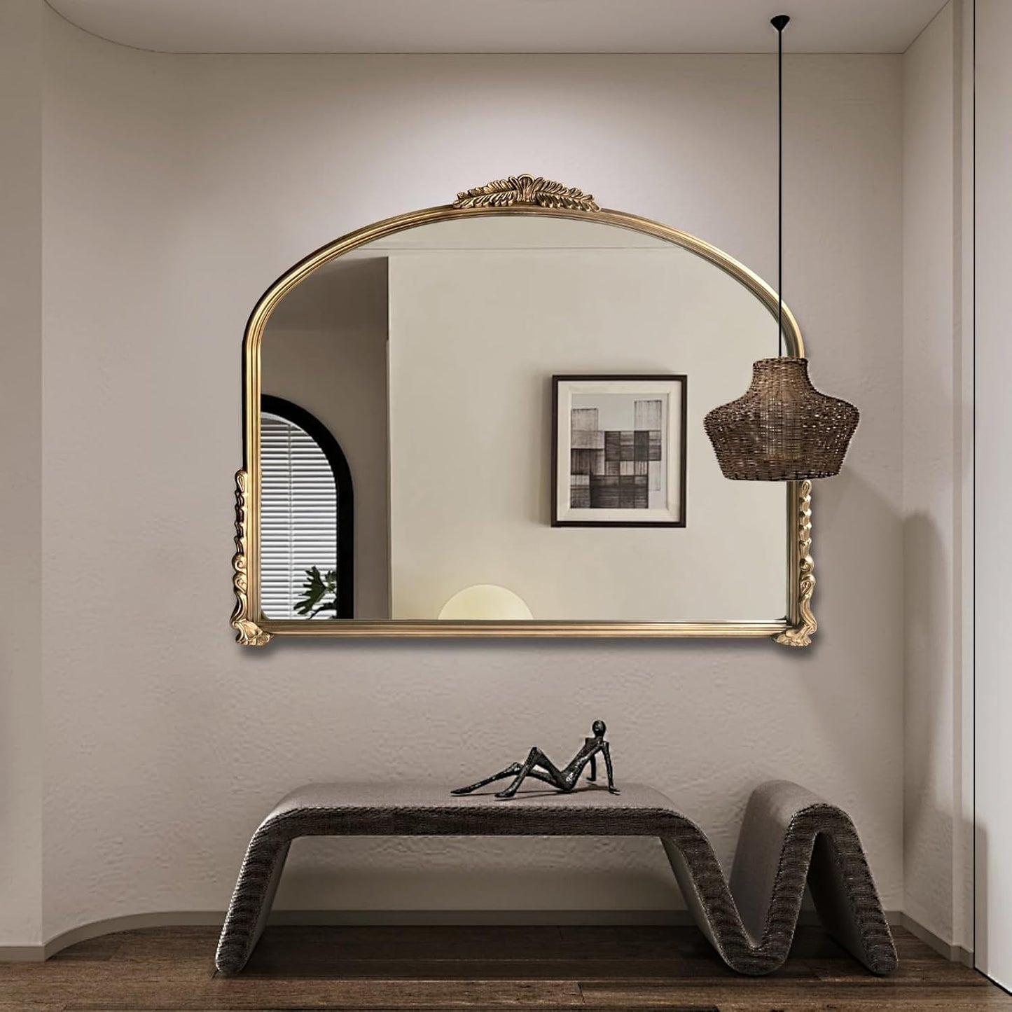 Gold Vintage Wall Mirror,Antique Wide Mirror Decor,Arched Big Mirror for Entryway/Bathroom/Fireplace 37"X29"