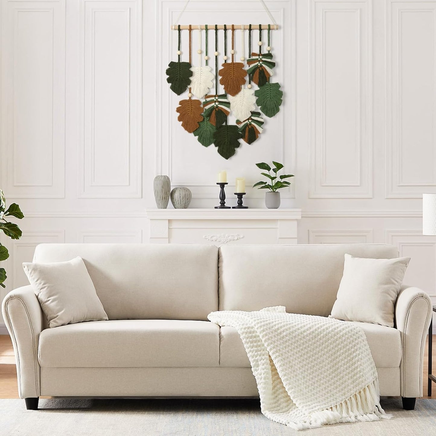 KHOYIME Macrame Wall Hanging Boho Home Decor, Bohemian Leaves Woven Yarn Tapestry Chic Aesthetic Wall Art Modern Handmade Leaf Hanging Decoration for Bedroom Living Room Nursery Office 15.7''W x 20''L