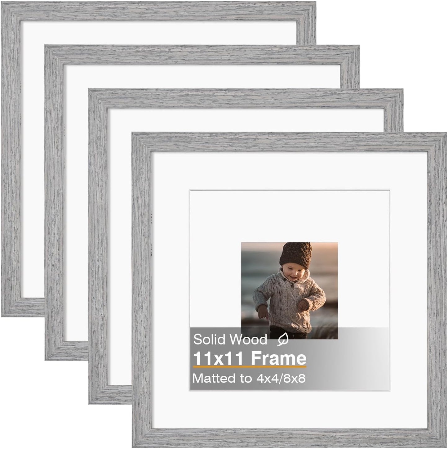 KINLINK 11x11 Picture Frame, Grey Square Solid Wood Frames for Pictures 4x4 and 8x8 with Mat or 11x11 without Mat, Wall and Tabletop Display Photo Frames Grey Wood 4 Pack