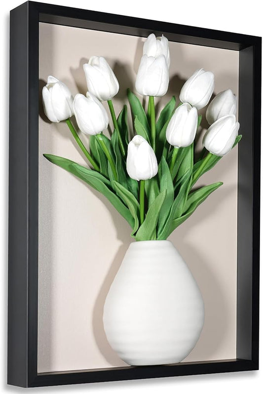 yimido Wall Planter Vase with Ceramic Pot & Artificial Tulips, 3D Wooden Wall Art Hanging Vases for Flowers, Indoor Wall Plant Holder for Home Decor, Wall Mounted Frame for Dried/Fresh Plants, Black