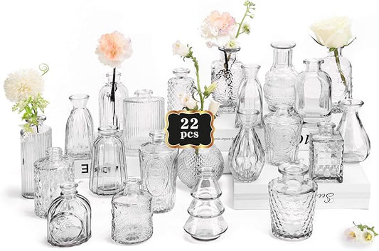 RUCKAE Small Clear Bud Vases Bulk 22 Pack Mini Flower Glass Vases for Centerpiece Table Wedding Decorations Home Decor Party(Transparent)