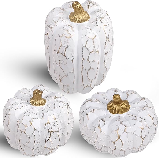 winemana Pumpkins Fall Decorations for Home- Set of 3 Elegant White Pumpkin Resin Thanksgiving Centerpiece for Table, Mantel, Porch & Indoor, Textured Neutral Farmhouse Autumn Harvest Decor (White)