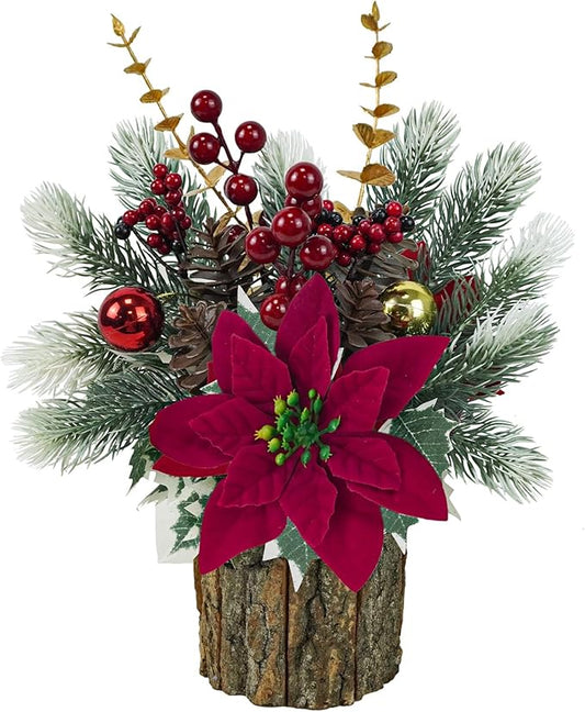 TORONTOKYO Small Christmas Plants Artificial with Wooden Pot, 13inch Mini Tabletop Christmas Tree with Red Poinsettia, Berries and Pine Cones for Home Desk Office Indoor Xmas Decor