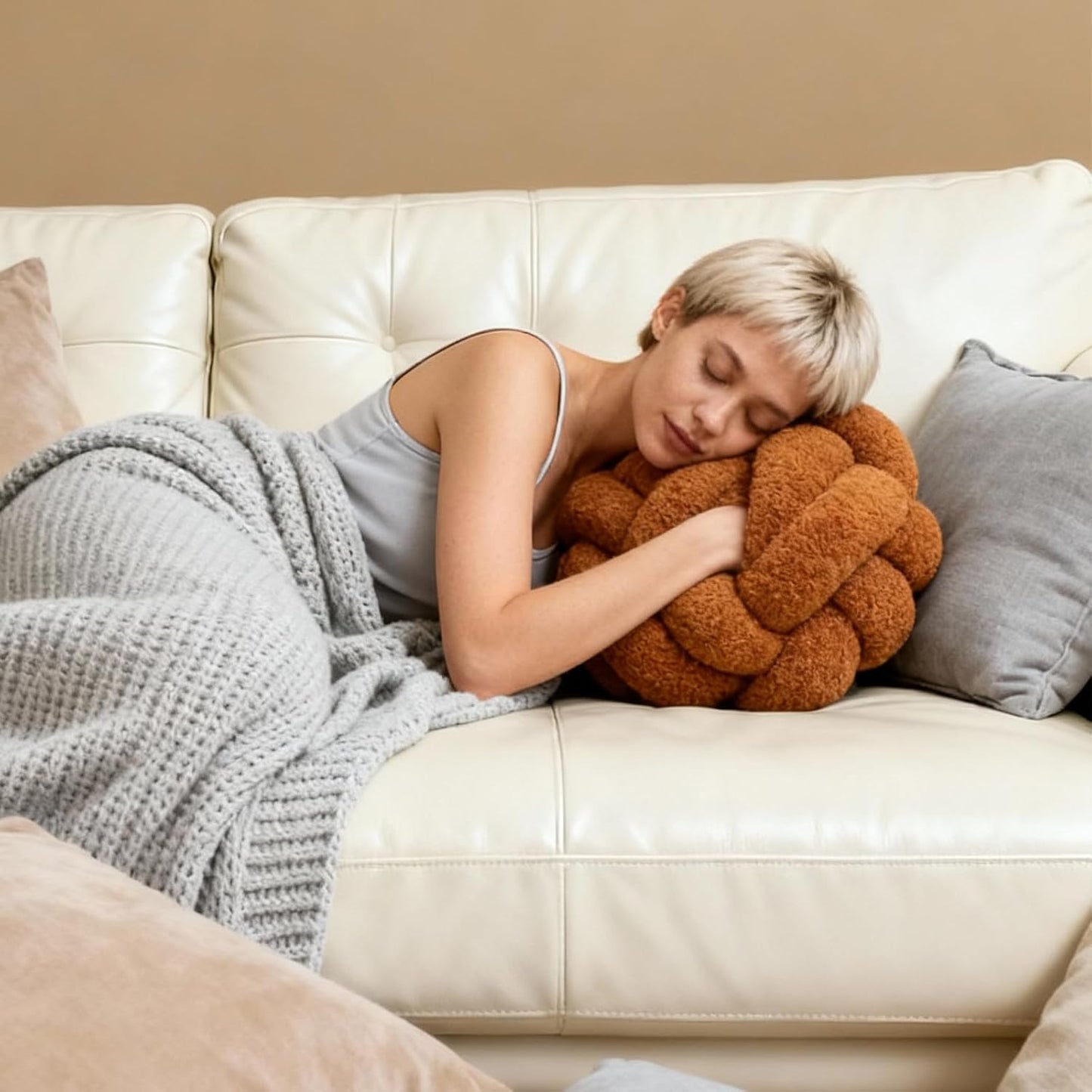 Knot Pillow Ball Plush - Decorative Throw Pillows for Bed Relieve Stress, Round Knot Cushion for Sofa Decor Pet Toy, Brown 12 inch