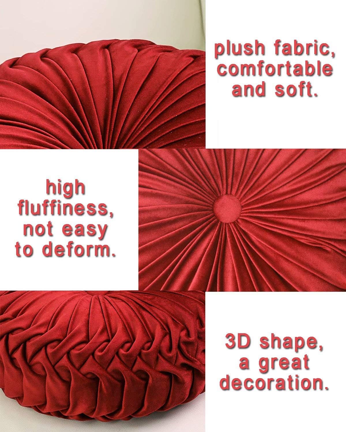 HLOVME Throw Pillow for Couch Decorative 3D Pumpkin Round Velvet Cushion for Sofa Bed Chair Floor 15"X15", Wine Red