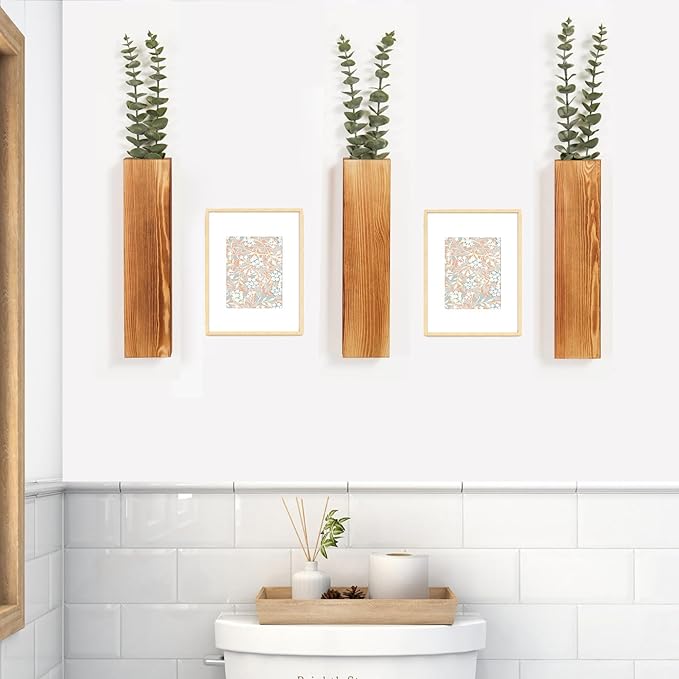 3-Pack Wood Wall Planters with 6 Removable Faux Eucalyptus Stems - Modern Farmhouse Wall Decor for Living Room, Bedroom, Bathroom - Wooden Wall Vases and Fake Eucalyptus for Home Office Decor