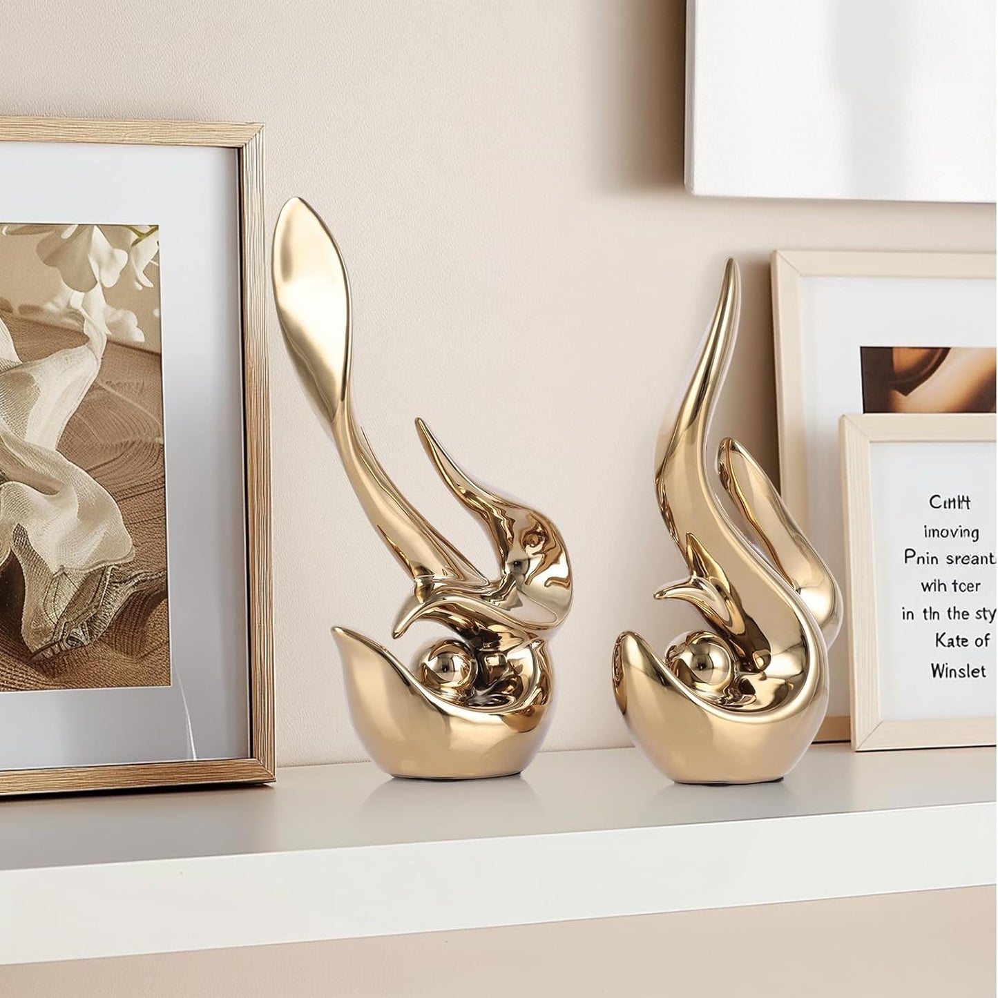 Gold decorative accents, ceramic abstract sculptures and statues, modern art mid century decorative coffee table living room dining room table bedroom office home shelves fireplace countertop decor.