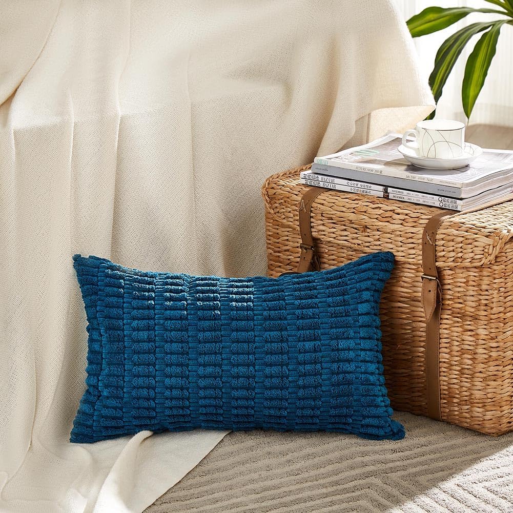 Fancy Homi 4 Packs Teal Lumbar Decorative Throw Pillow Covers 16x24 Inch for Living Room Couch Bed Sofa, Farmhouse Boho Home Decor, Soft Striped Corduroy Rectangle Cushion Case 40x60 cm