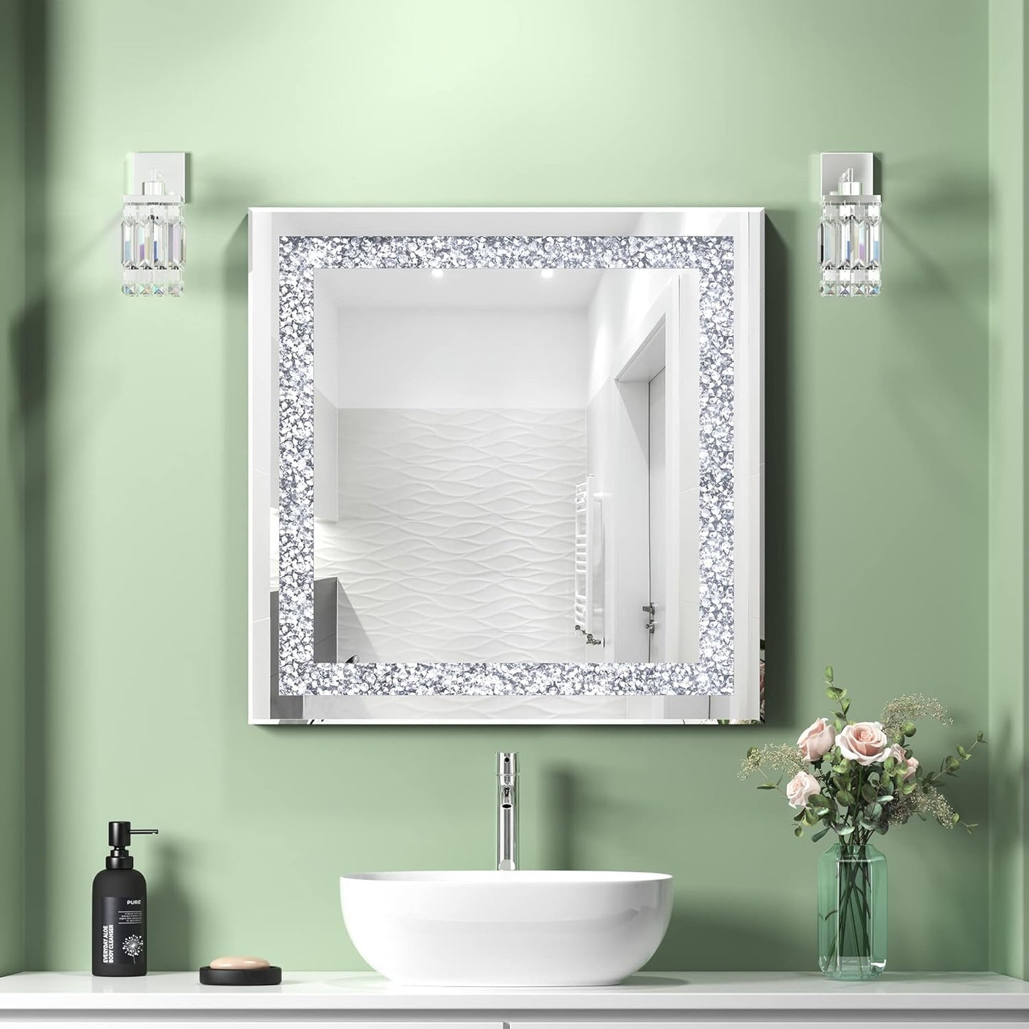 Crystal Decorative Mirror-24 x24 Rectangle Gorgeous Silver Mirror, Crush Diamond Mirror for Wall Decoration Bedroom, Hallway, Dining Room