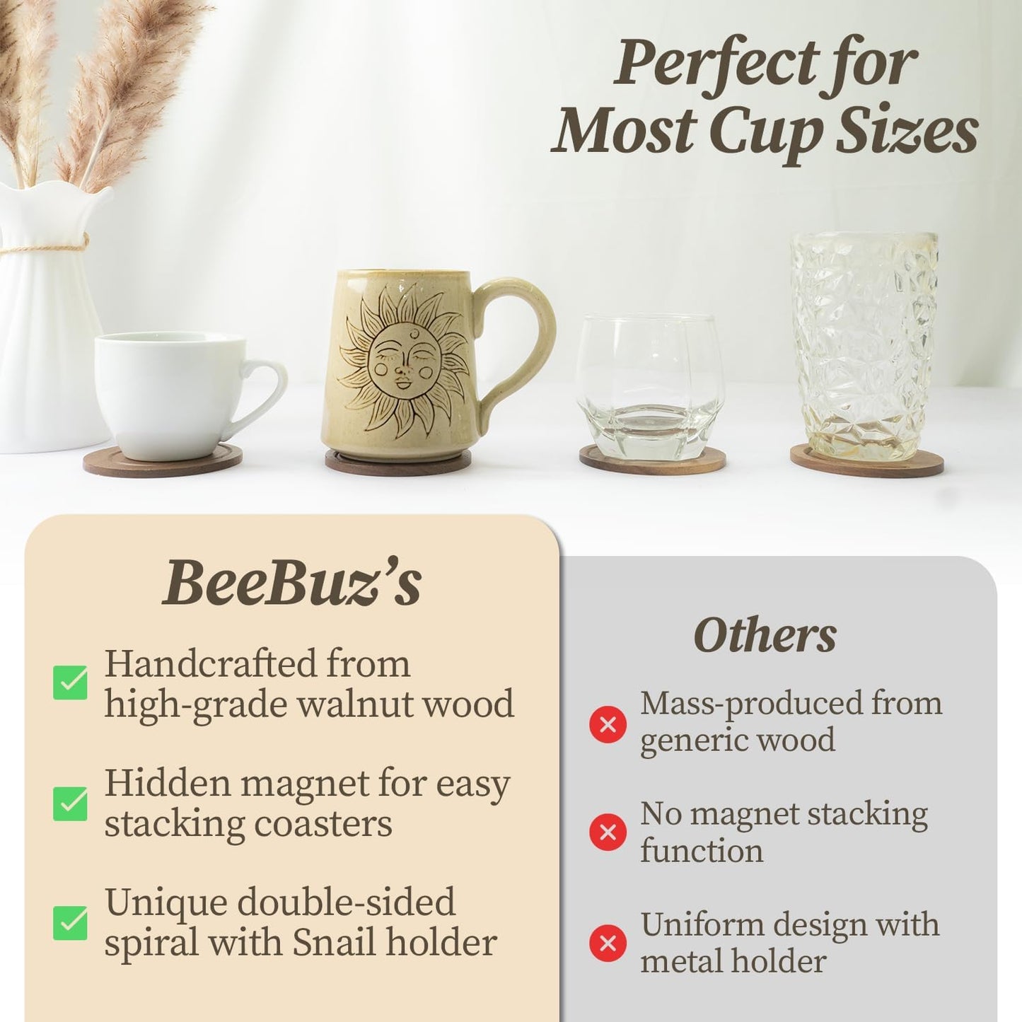 Creative Handcrafted Snail Coaster Holder for Drinks, Premium Walnut Wood Coasters Set of 6 - Unique Nature Inspired Decor for Coffee Table, Fun Housewarming Gifts & Tabletop Organizer.