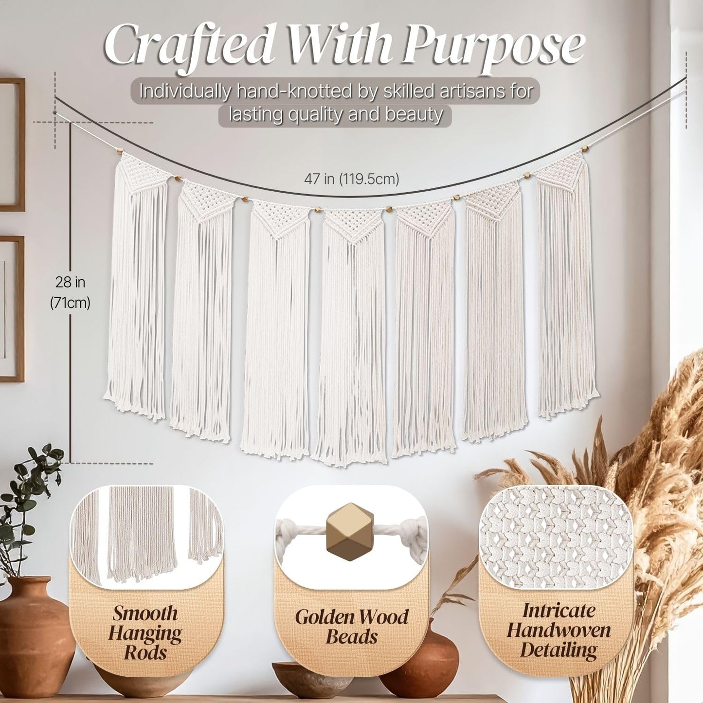 Flexzion Macrame Wall Decor Hanging Boho Hand Woven Tapestry Art Bunting Banner Bohemian Wall Decor for Home Bedroom Living Room Rustic Hippie Garland Baby Nursery, 47 Inch Cream White Cotton Curtain