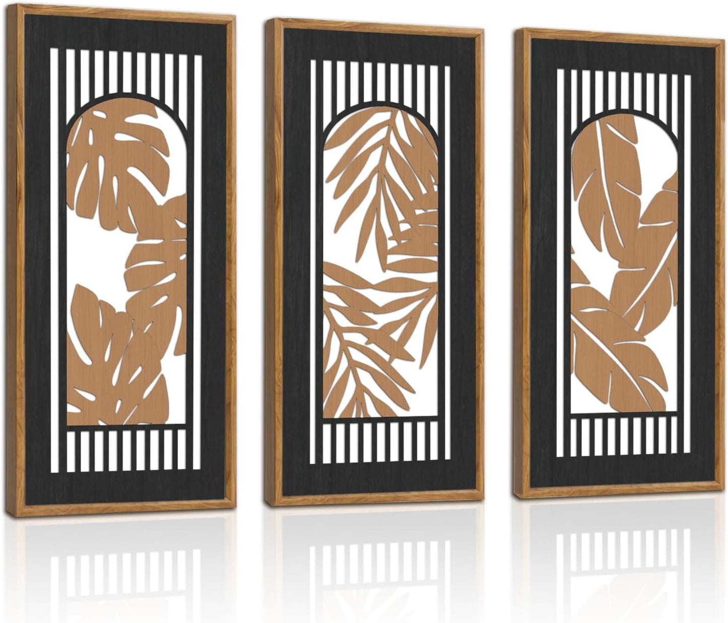 KAIRNE Rustic Tropical Wall Decor, Palm Leaf Wooden Sign for Bathroom, Vintage Leaf Plant Hanging Wood Plaque Rustic Wall Art Nature Picture for Living Room Decoration3 pcs(8x16Inch)