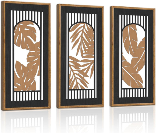 KAIRNE Rustic Tropical Wall Decor, Palm Leaf Wooden Sign for Bathroom, Vintage Leaf Plant Hanging Wood Plaque Rustic Wall Art Nature Picture for Living Room Decoration3 pcs(8x16Inch)