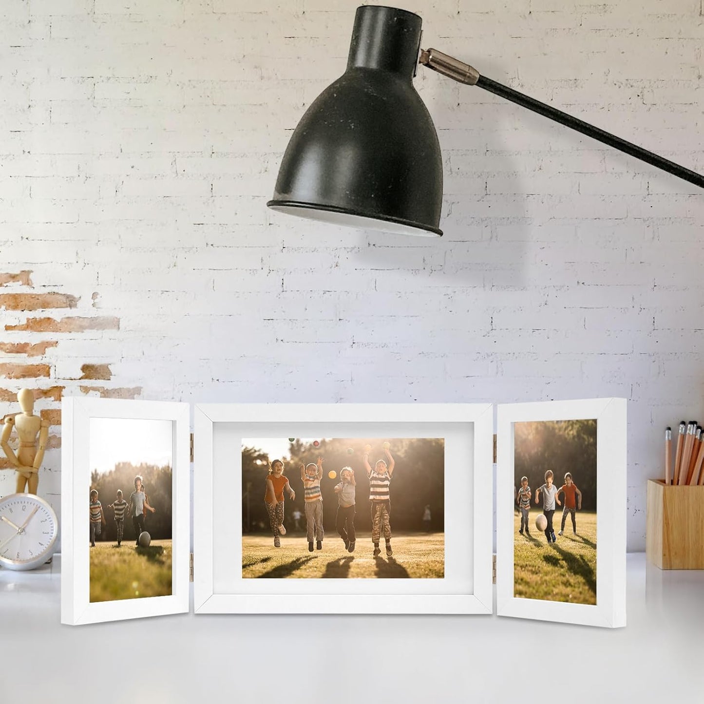 Hinged 3 Picture Frame 4x6 & 5x7 Folding Collage Photo Frames Multiple Wooden Desk Picture Frames with Mat for Office Tabletop or Wall Decor, White