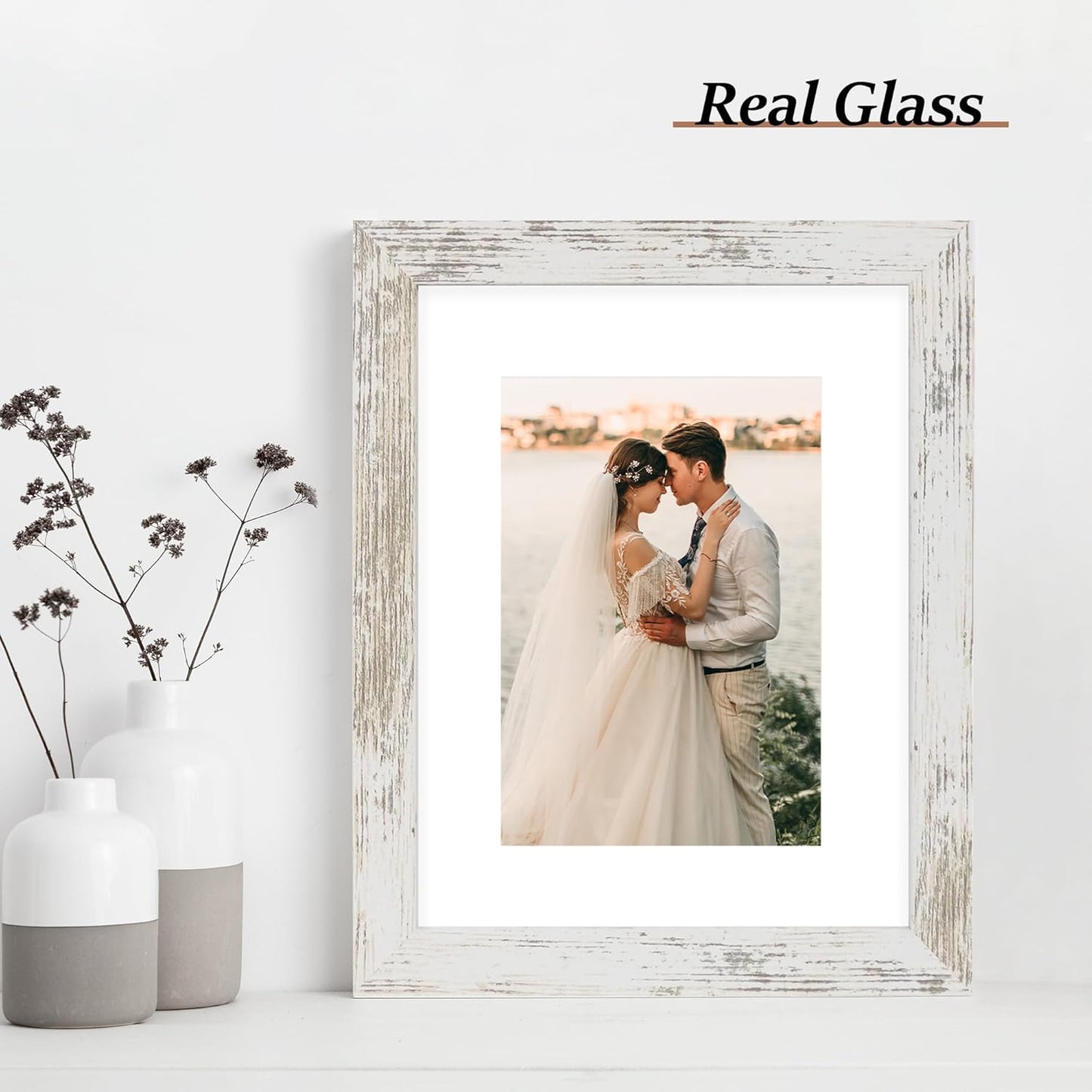 iRahmen 8x10 Picture Frame Set of 2 with HD Glass, Distressed White Wood Photo Frames Display 5x7 Pictures with Mat or 8 x 10 Without Mat for Horizontal or Vertical Tabletop and Wall Mounting