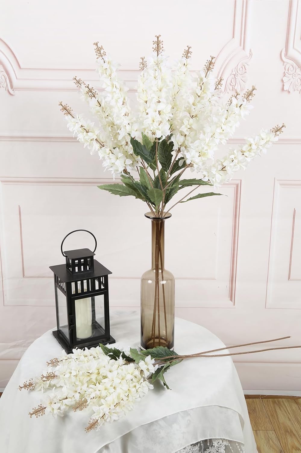 IPOPU 5PCS White Artificial Hyacinth Flower Fake Silk Delphinium 34.2inch Long Stem Hyacinth Flower Lifelike Snapdragon Flowers for DIY Wedding Kitchen Home Garden Office Decor(White)