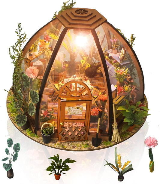 GuDoQi DIY Miniature Dollhouse Kit, Tiny 1:24 Scale House with Furniture, Great Handmade Craft Gift for Birthdays and Christmas Day, Green Flower Shop