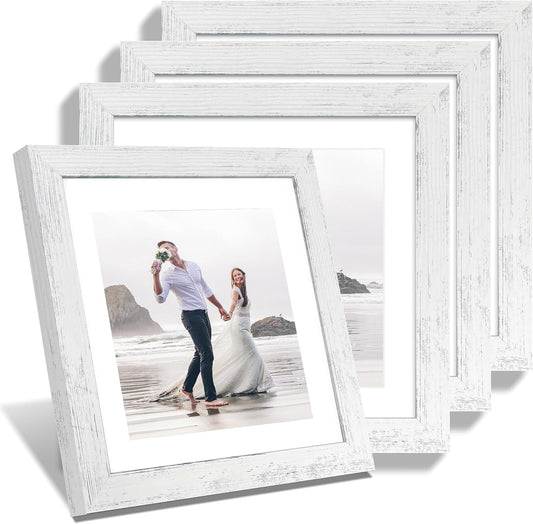iRahmen 10x10 Picture Frame Set of 4 with Real Glass, Distressed White Frame Display 8x8 Pictures with Mat or 10 x 10 Without Mat, Wood Square Photo Frame for Wall Mount and Tabletop Display