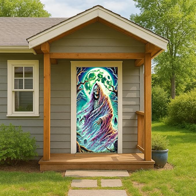 2D flat Ghost in Forest Door Cover Banner – Halloween Spirit Scary Door Decorations – Haunted Holiday Entryway Decor for Home 71x35 Inch