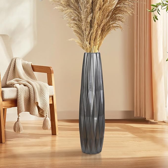 Silvery Ceramic Tall Floor Vase,28 Inch Large Modern Flower Vases for Home Décor,Wicker Big Floor Vase Decorations for Farmhouse, Living Room,Bedroom,Standing Plastic Vase Decorative Tall