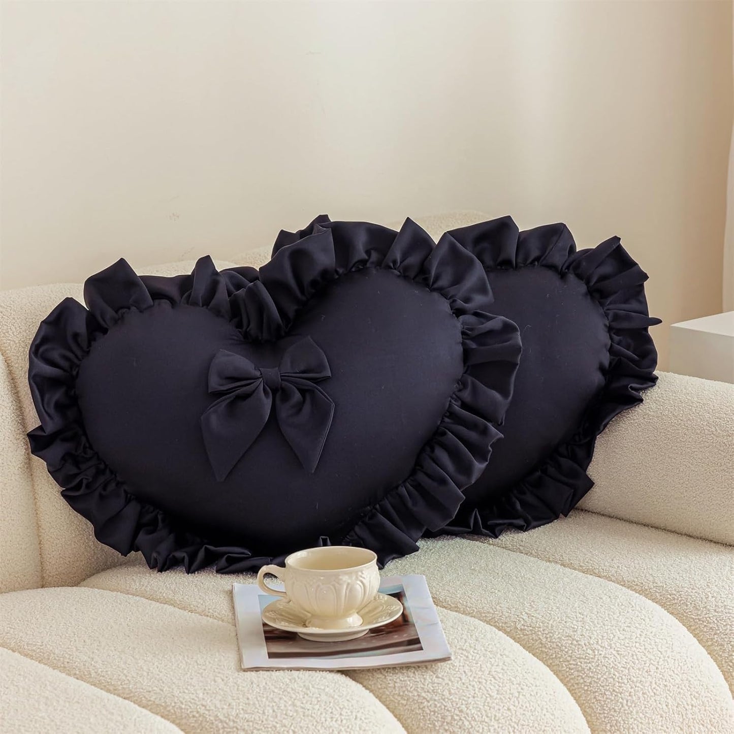 Heart Pillows, Cute Ruffled Heart Shaped Throw Pillows with Bow Soft Stuffed Love Decorative Pillow Cushion for Sofa Couch Bed Girl Room Chair Car Living Room, Black