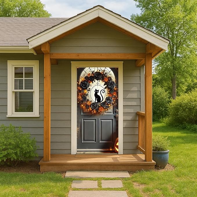 2D flat Halloween Pumpkin Black Cat Door Cover – Spooky Door Banner for October Front Porch Party, Christmas Themed Hanging Decorations for Indoor, 71x35 Inch