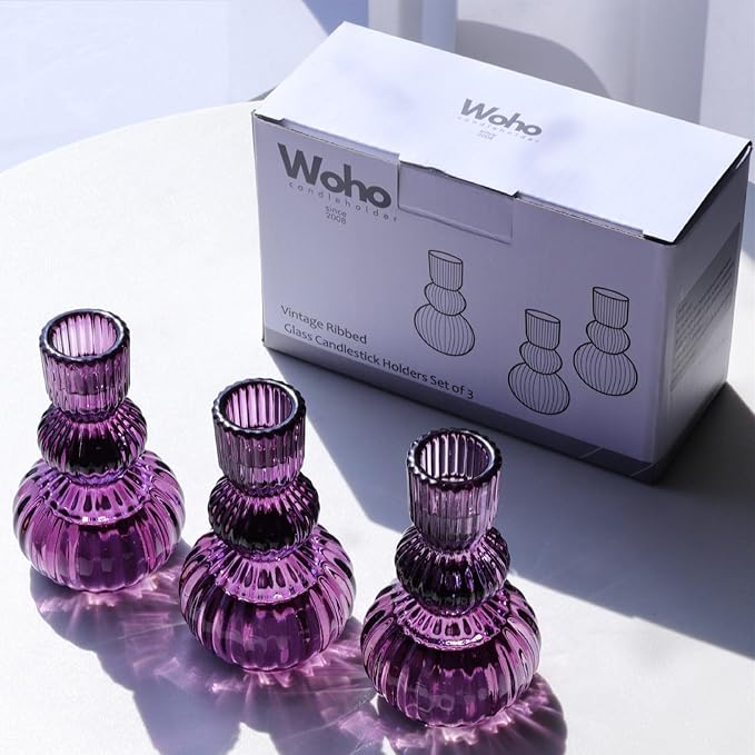 Woho Purple Candlestick Holders Set of 3 for Halloween Decorations, 4.3" H Ribbed Glass Taper Candle Holders Bulk for Wedding Table, Vintage Candle Sticks Holder Decor for Birthday Party/Home Decor