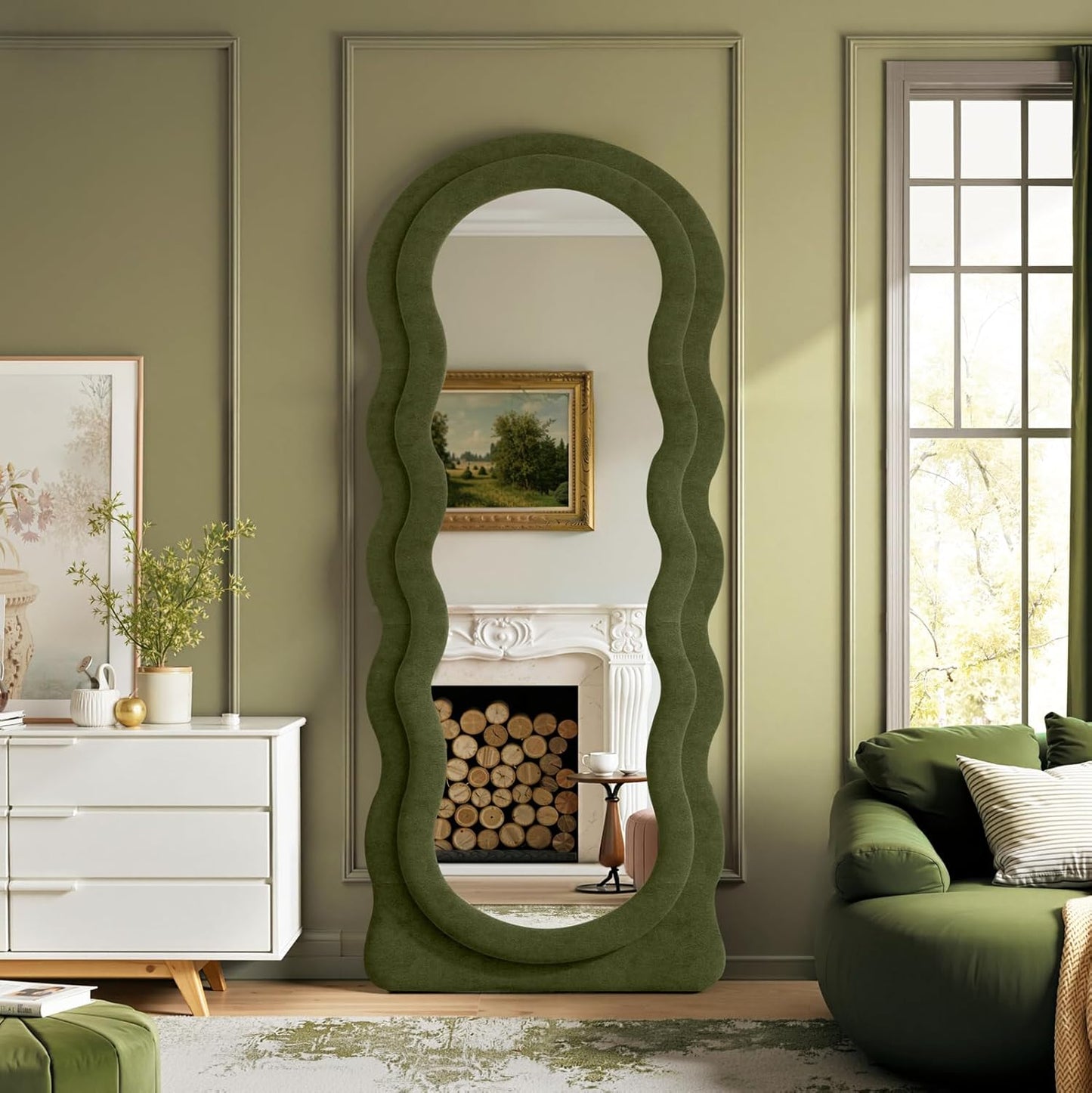 Full Length Mirror 71"x30" Irregular Wavy Full Body Wall Mounted Floor Mirror with Stand Green Flannel Frame Leaning Hanging Wall for Bedroom Entrance Hallway