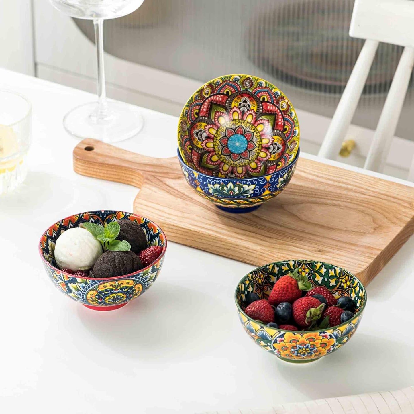 Henten Home Ceramic Dessert Bowls Set of 4, Bohemia 10 oz Snack Serving Bowl, Porcelain Colorful Bowls for Sauce, Fruits, Ice Cream, Soup, Decorative, Microwave & Dishwasher Safe