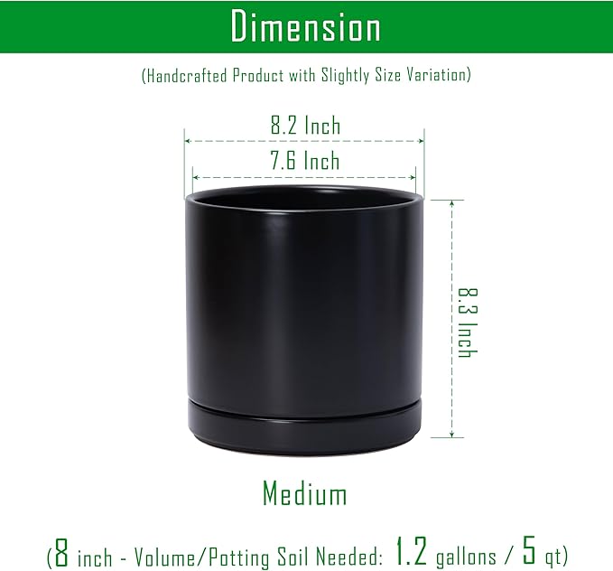 D'vine Dev 8.2 Inch Ceramic Planter Pot with Drainage Hole and Saucer, Indoor Cylinder Round Planter Pot, Black, 94-O-D-2