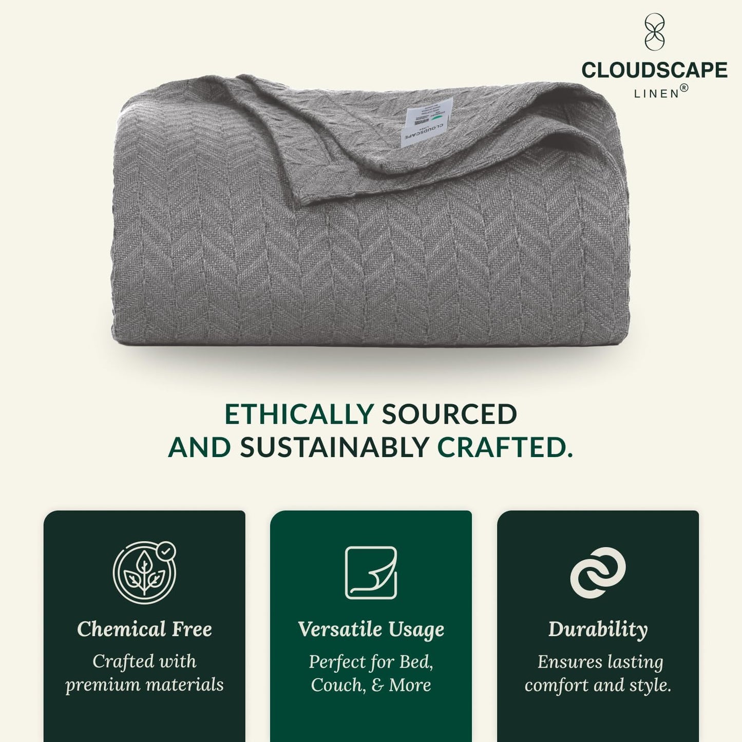 Cloud Scape Linen 100% Cotton Blanket King Size for Bed – Lightweight All Season Blanket, Herringbone Weave, for Women, Mom, Men, fits California King, 92x108, Dark Grey