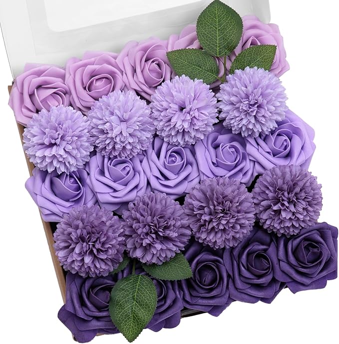 TINGE TIME Purple Flowers, Fake Flower Leaf Artificial Flower with Stems for DIY Wedding Bouquets Table Centerpieces Baby Shower Home Party Floral Arrangements Decorations