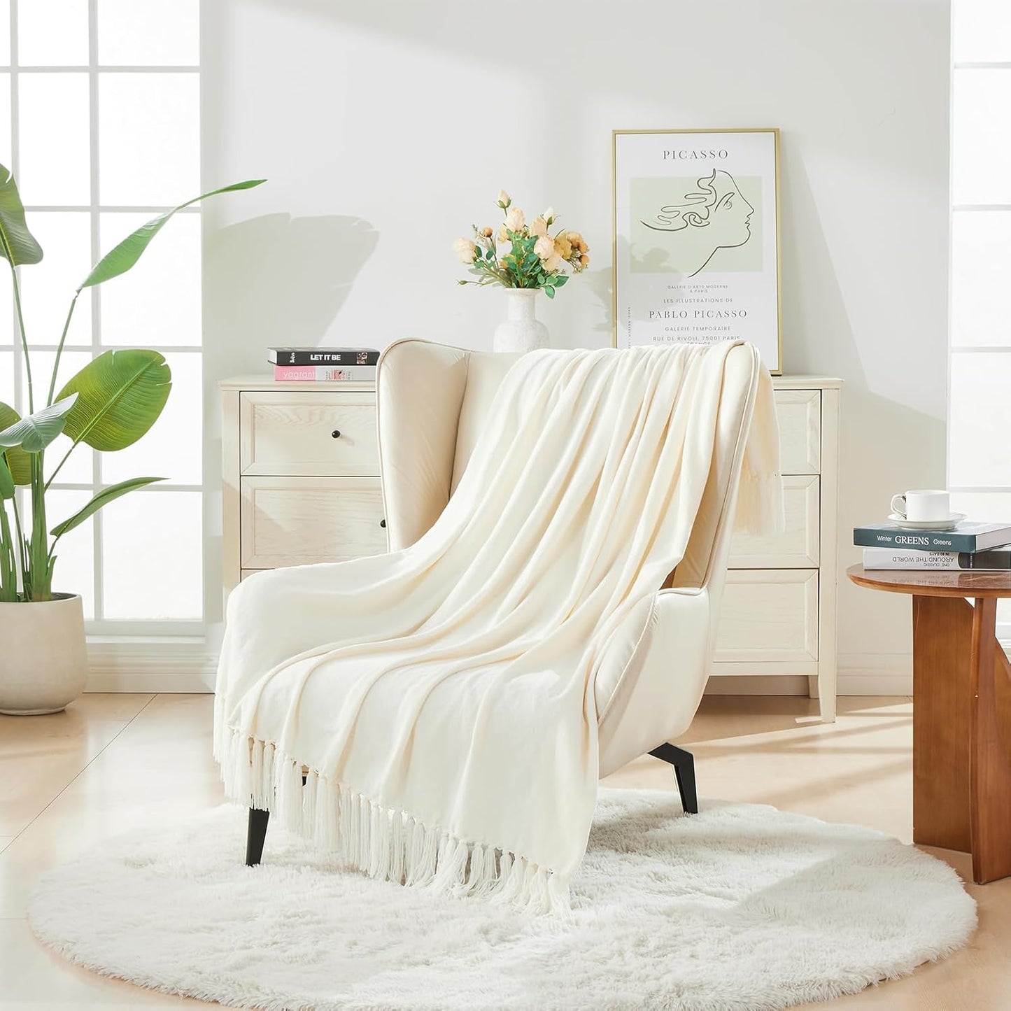 CozeCube Chenille Throw Blanket for Couch, Cozy Plush Fuzzy Decorative Cream White Blanket with Fringe Tassels, Lightweight Throws for Bed Sofa Gift Home Decor, 50"X60"