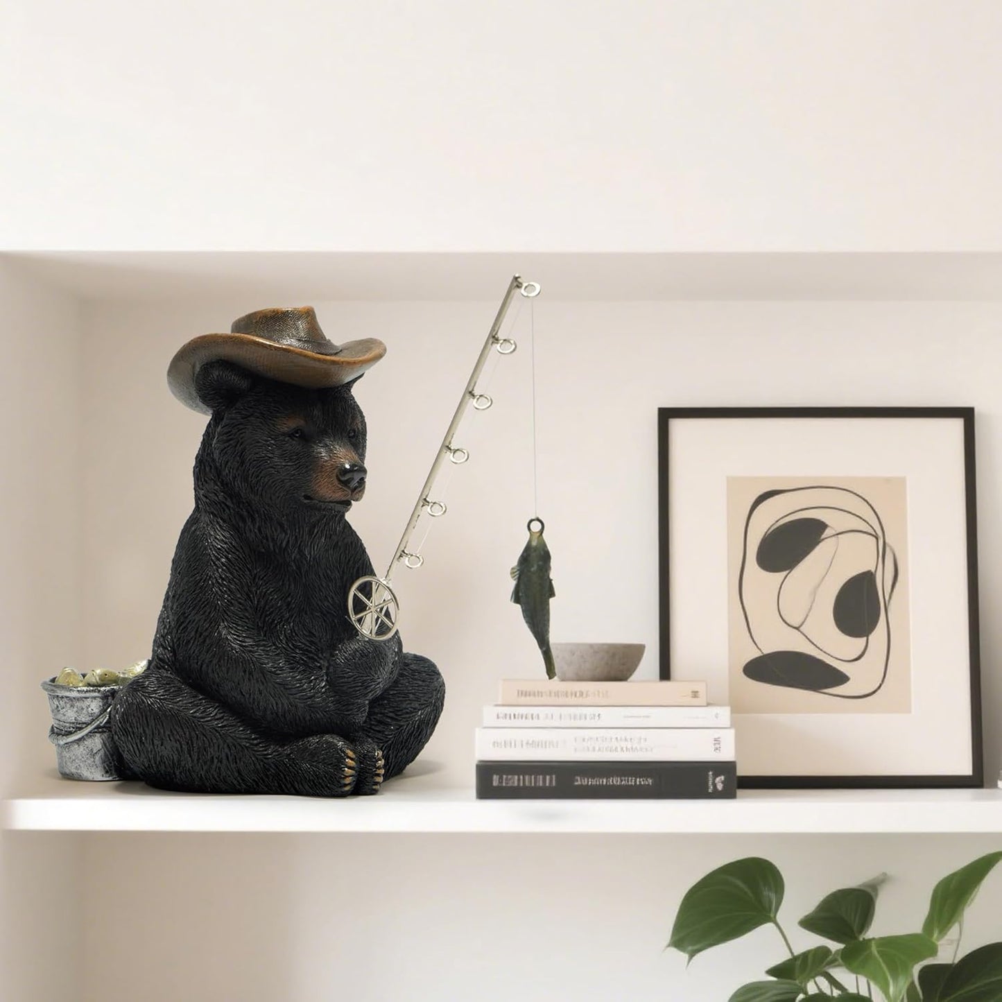 Hodao Black Bear Fishing Figurines Decoration Summer Bear Crafts for Home Office Desk Decor Statue for Tabletop Shelf Decoration Ornament Gifts Decor for Beach Fishing Lovers (Black)